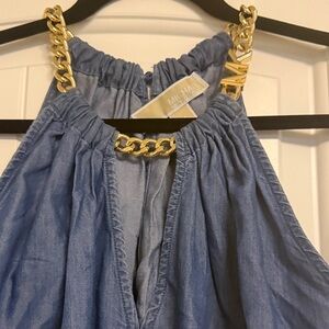 Michael Kors Chambray Halter Dress with Gold Chain